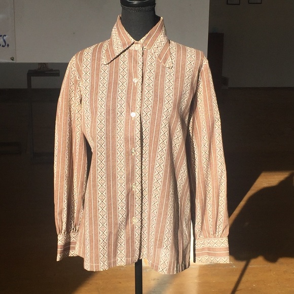 Vintage Tops - Vintage brown and cream/ivory vertical print long sleeve button down shirt